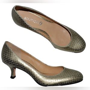 BOUTIQUE 9 PUSHY NEW $125 SZ 7.5 M GOLD SNAKE PRINT LEATHER PUMPS HEELS SHOES